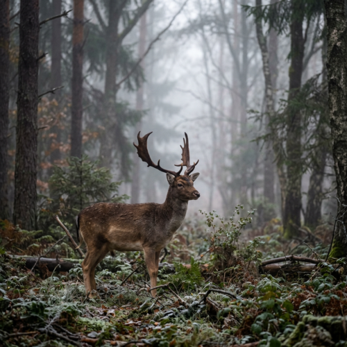 Deer with large antlers standing in a misty forest clearing