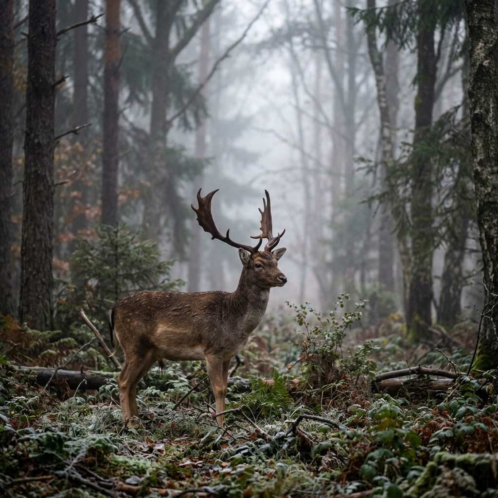 Deer with large antlers standing in a misty forest clearing