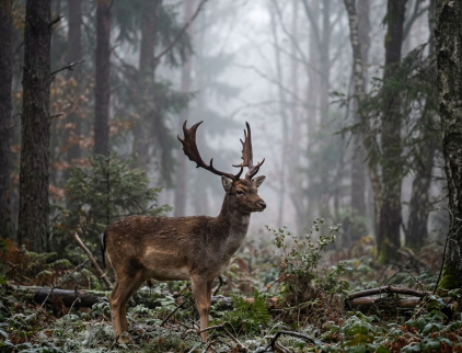 Deer with large antlers standing in a misty forest clearing